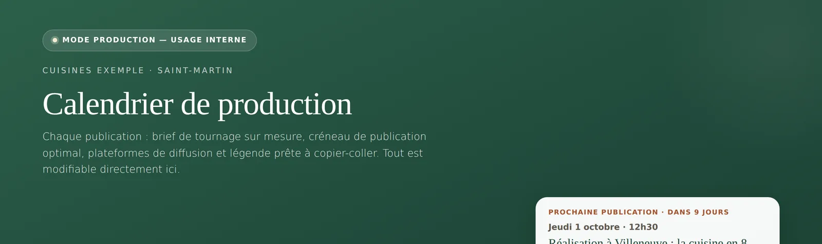 Tableau de bord de l'outil : nombre de publications prévues, à faire, en cours, prêtes et publiées, et prochaine publication